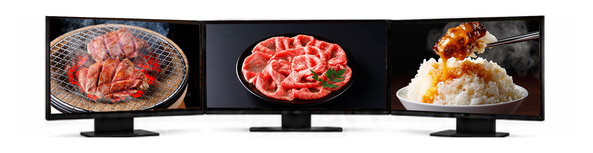 中央に商品、左右にシズルを映す例